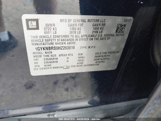 1GYKNBRS9HZ263616 Cadillac XT5 LUXURY