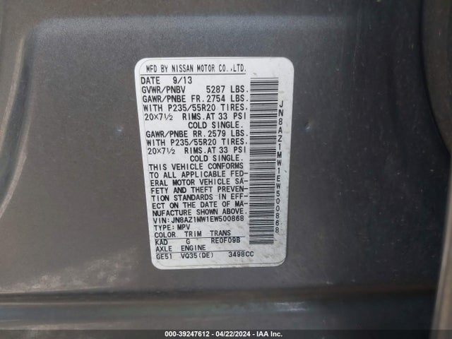 Nissan Murano Le 2014 JN8AZ1MW1EW500868 Image 9