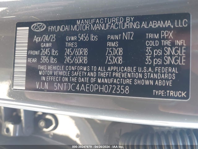 Aukcja sprzedaży 2023 Hyundai Santa Cruz Sel, vin: 5NTJC4AE0PH072358, numer aukcji: 39247679