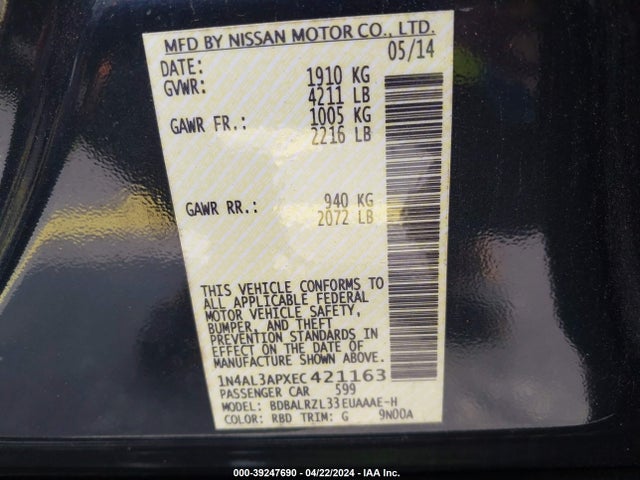 Nissan Altima 2.5 S 2014 1N4AL3APXEC421163 Image 9