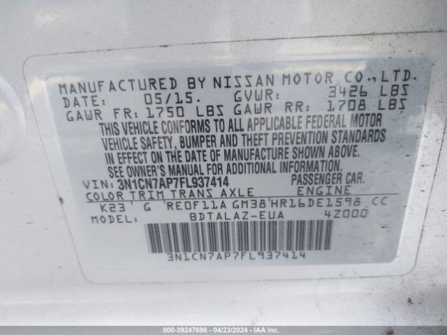 3N1CN7AP7FL937414 Nissan Versa 1.6 S+