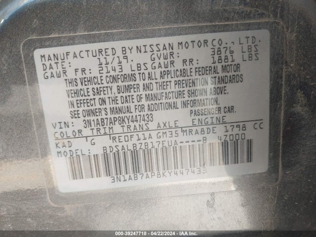Nissan SENTRA S 2019 3N1AB7AP8KY447433 Image 9