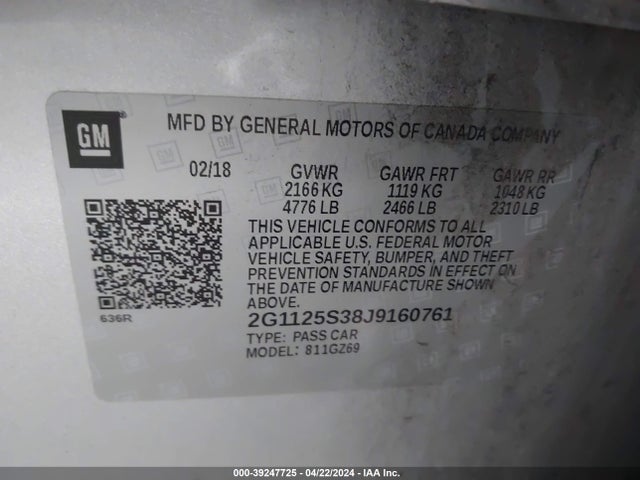 Chevrolet IMPALA 2LZ 2018 2G1125S38J9160761 Image 9