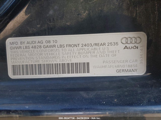 Продаж на аукціоні авто 2011 Audi A4 2.0t Premium, vin: WAUHFAFL6BN018854, номер лоту: 39247736