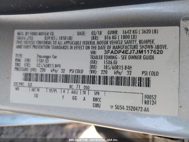 Ford FIESTA SE 2018 3FADP4EJ7JM117620 Image 9