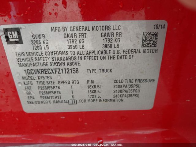 1GCVKRECXFZ172158 Chevrolet Silverado 1500 2lt