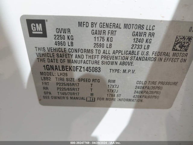 Chevrolet EQUINOX 1LT 2015 1GNALBEK0FZ145083 Image 9