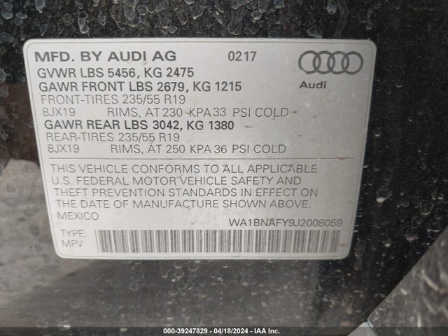 WA1BNAFY9J2008059 Audi Q5 2.0t Premium/2.0t Tech Premium
