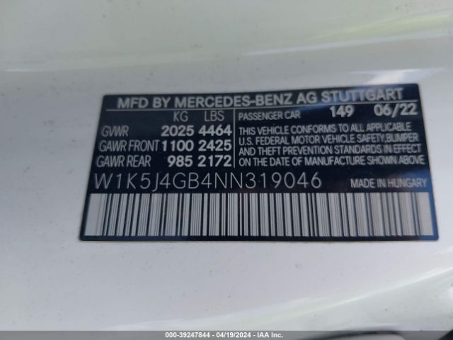 W1K5J4GB4NN319046 Mercedes-Benz Cla 250 Coupe