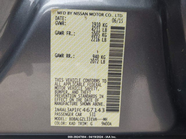 Nissan Altima 2.5 S 2015 1N4AL3AP1FC467143 Image 9