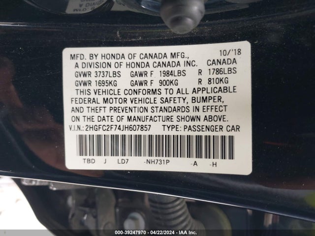Honda CIVIC EX 2018 2HGFC2F74JH607857 Image 9