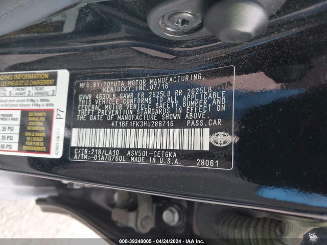 Toyota CAMRY XLE 2017 4T1BF1FK3HU288716 Image 9