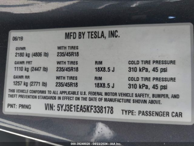 5YJ3E1EA5KF338178 Tesla Model 3 Long Range/mid Range/standard Range/standard Range Plus