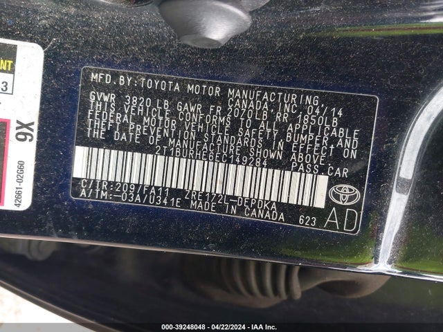Toyota COROLLA L 2014 2T1BURHE6EC149284 Image 9