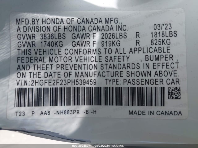 Honda Civic Lx 2023 2HGFE2F23PH539459 Image 9