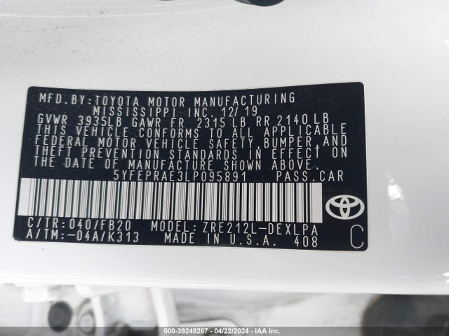 Toyota COROLLA LE 2020 5YFEPRAE3LP095891 Image 9