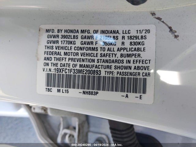 Honda CIVIC EX 2021 19XFC1F33ME200893 Image 9