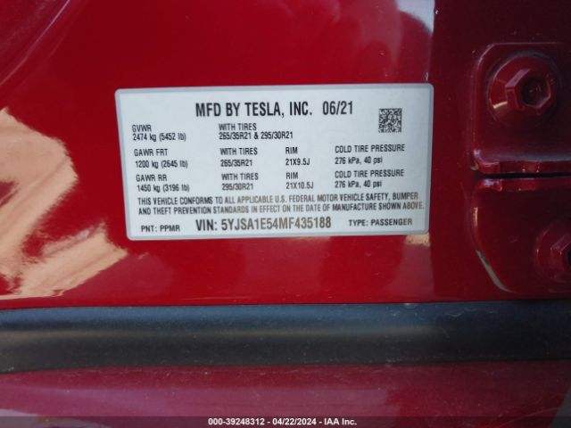 5YJSA1E54MF435188 Tesla Model S Long Range Dual Motor All-wheel Drive