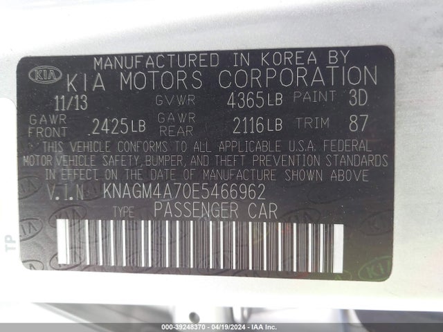 KIA Optima Lx 2014 KNAGM4A70E5466962 Image 9