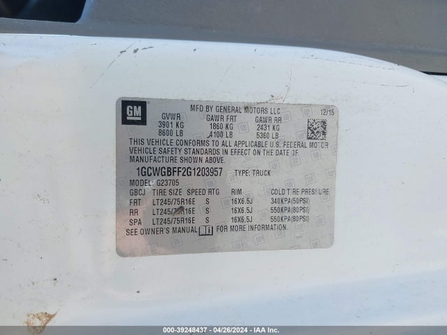 Chevrolet Express 2500 Work Van 2016 1GCWGBFF2G1203957 Image 9