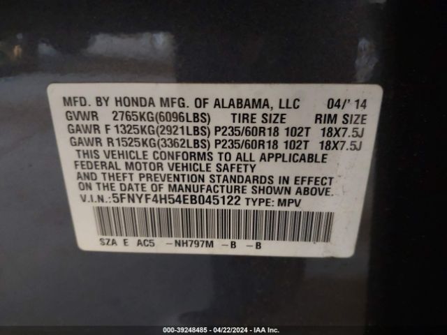 5FNYF4H54EB045122 Honda Pilot Ex-l