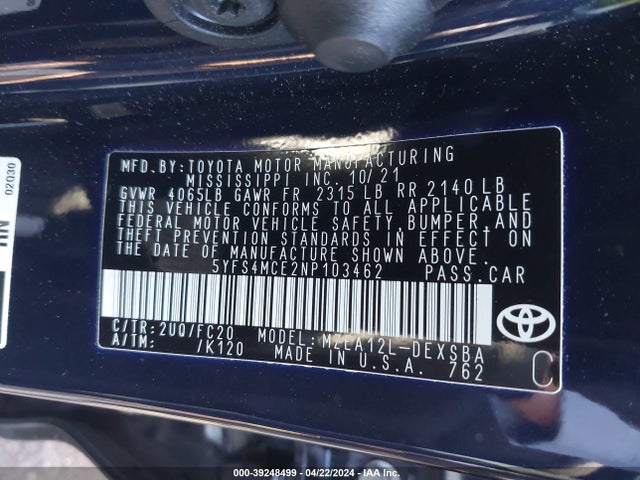Toyota COROLLA SE 2022 5YFS4MCE2NP103462 Image 9