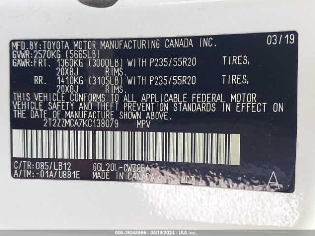 2T2ZZMCA7KC138079 Lexus RX 350