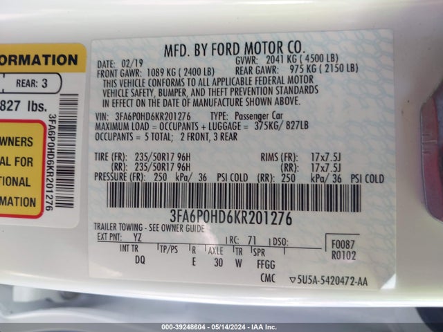 Ford FUSION SE 2019 3FA6P0HD6KR201276 Image 9