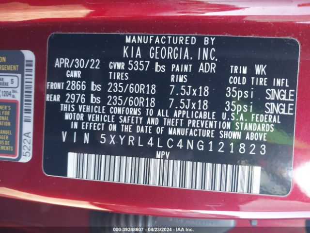 5XYRL4LC4NG121823 KIA SORENTO S