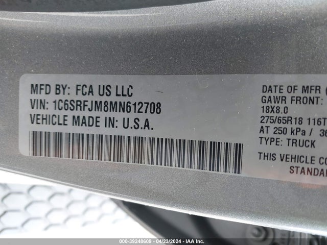 1C6SRFJM8MN612708 RAM 1500 Laramie  4x4 5'7 Box