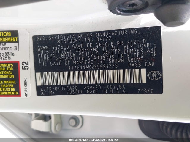 Toyota CAMRY SE 2022 4T1G11AK2NU684773 Image 9