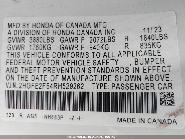 Honda Civic Sport 2024 2HGFE2F54RH529262 Image 9