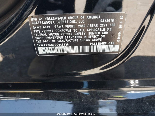1VWAT7A37GC046136 Volkswagen Passat 1.8t S