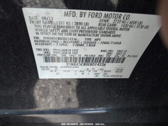 Ford FLEX SEL 2014 2FMGK5C80EBD14336 Image 9