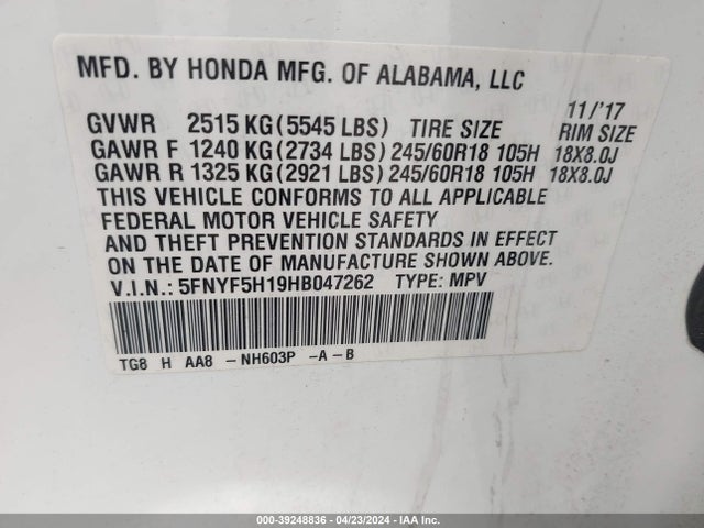 Honda PILOT LX 2017 5FNYF5H19HB047262 Image 9