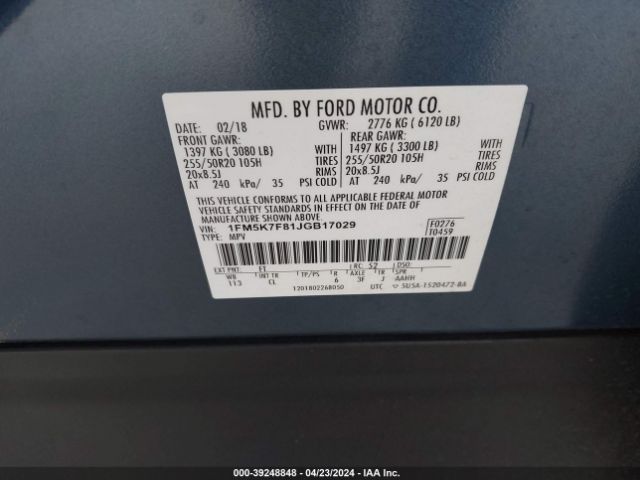 1FM5K7F81JGB17029 Ford Explorer Limited