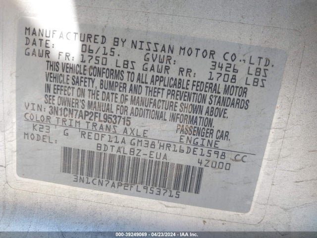 Nissan Versa S/s Plus/sv/sl 2015 3N1CN7AP2FL953715 Image 9