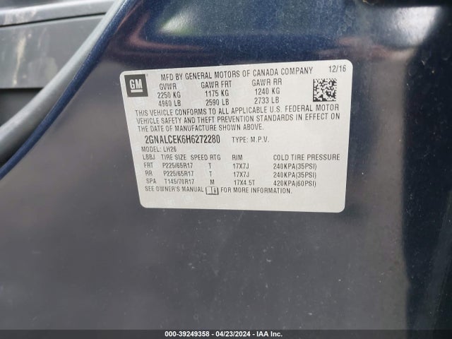 Chevrolet EQUINOX LT 2017 2GNALCEK6H6272280 Image 9