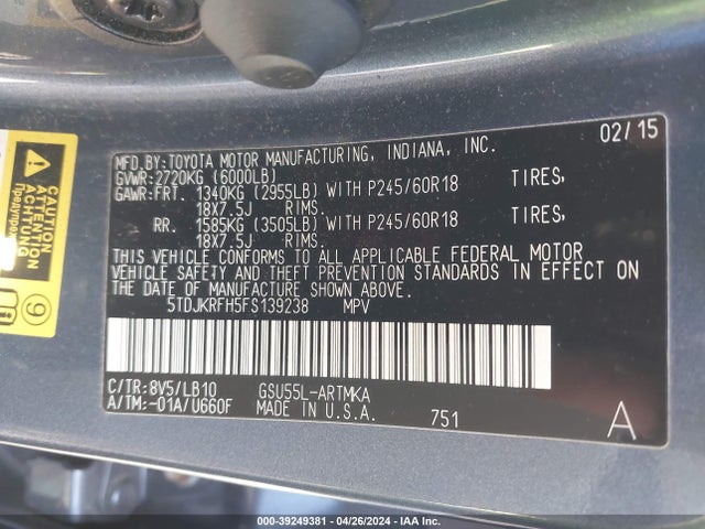 Toyota Highlander Xle V6 2015 5TDJKRFH5FS139238 Image 9