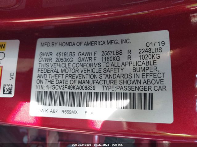 1HGCV3F49KA006839 Honda Accord Hybrid Ex