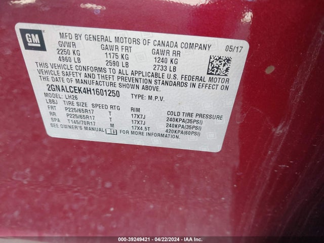 Chevrolet EQUINOX LT 2017 2GNALCEK4H1601250 Image 9