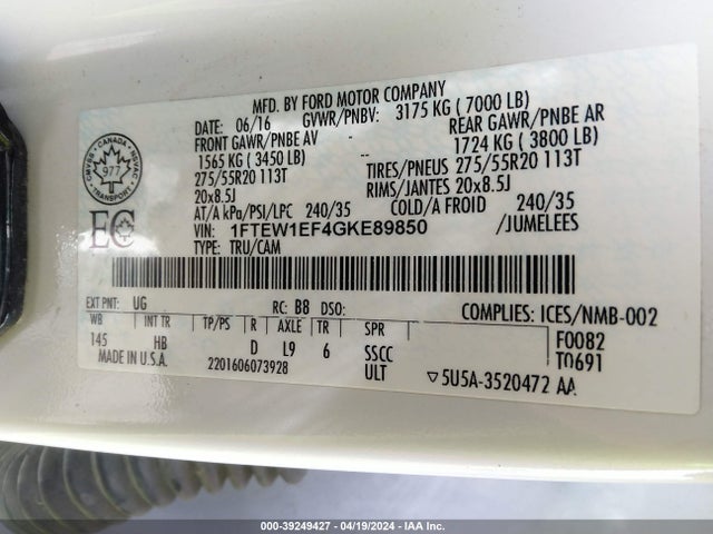 Ford F-150 Lariat 2016 1FTEW1EF4GKE89850 Image 9