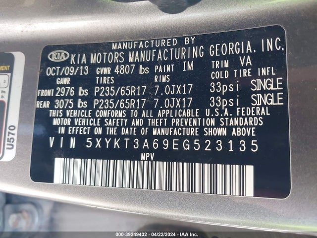 KIA SORENTO LX 2014 5XYKT3A69EG523135 Image 9