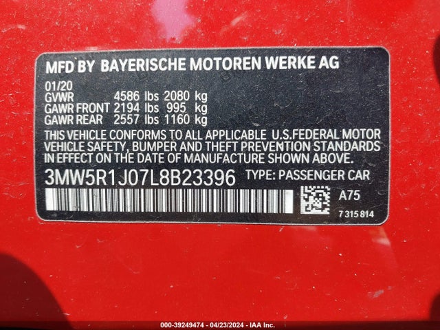 BMW 330I 2020 3MW5R1J07L8B23396 Image 9