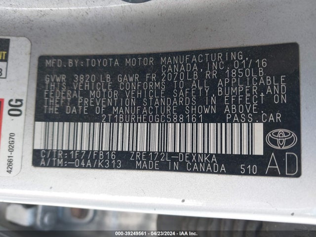 Toyota COROLLA LE 2016 2T1BURHE0GC588161 Image 9