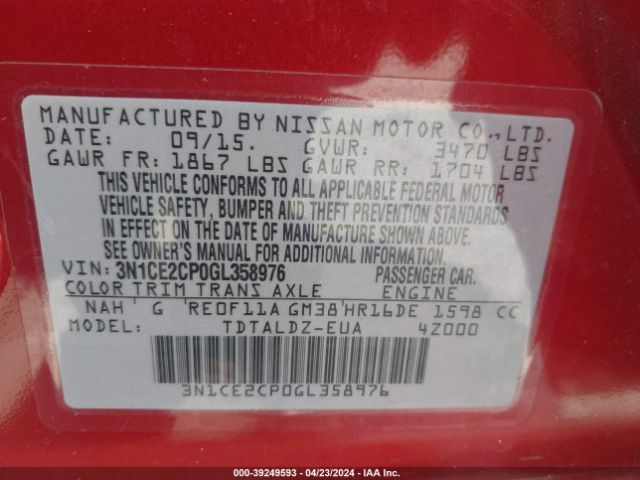3N1CE2CP0GL358976 Nissan Versa Note S (sr)/s Plus/sl/sr/sv