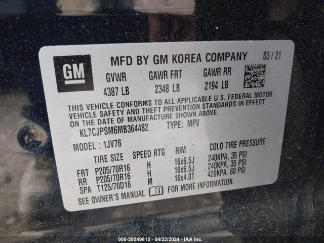 Chevrolet Trax Awd Lt 2021 KL7CJPSM6MB364482 Image 9