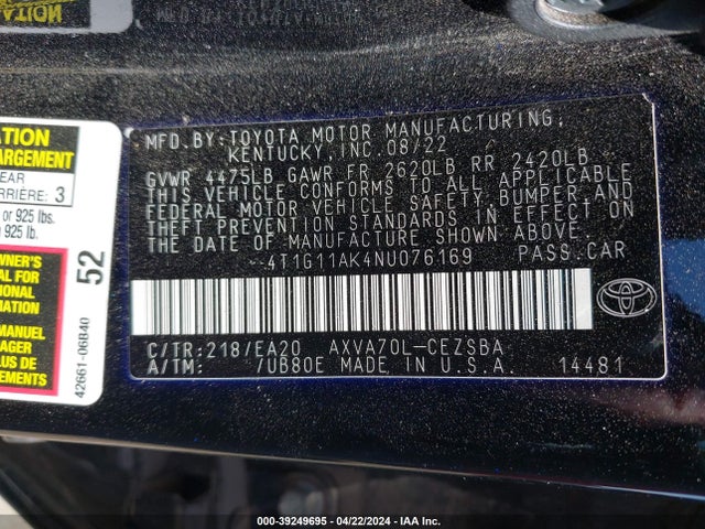 Toyota CAMRY SE 2022 4T1G11AK4NU076169 Image 9
