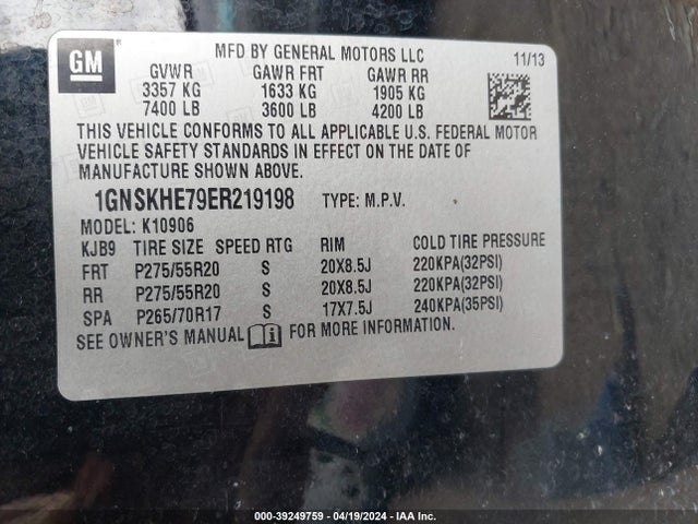 Chevrolet Suburban 1500 Ls 2014 1GNSKHE79ER219198 Image 9