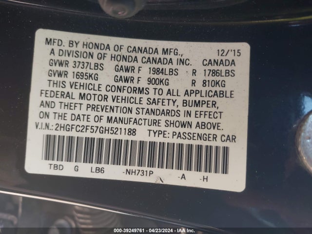 Honda Civic Lx 2016 2HGFC2F57GH521188 Image 9